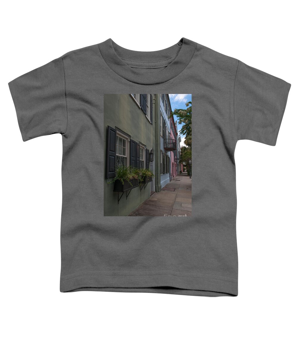 Rainbow Row Toddler T-Shirt featuring the photograph Charleston Window Boxes on Rainbow Row by Dale Powell