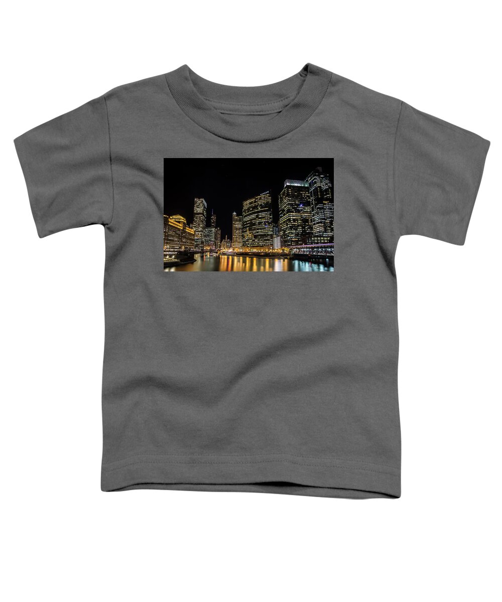 Chicago Skyline Toddler T-Shirt featuring the photograph Chicago night skyline from wolf point by Sven Brogren
