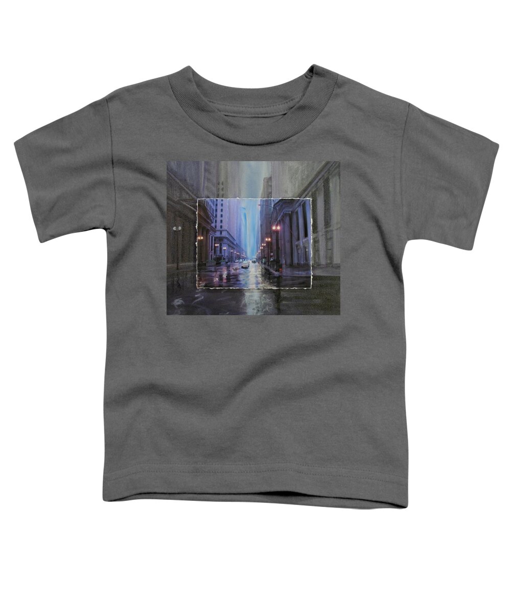 City Toddler T-Shirt featuring the mixed media Chicago Rainy Street expanded by Anita Burgermeister