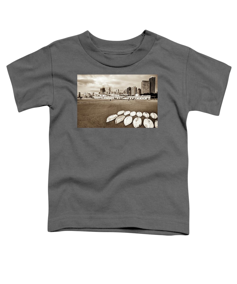 America Toddler T-Shirt featuring the photograph Chicago Skyline From the Beach - Sepia by Gregory Ballos
