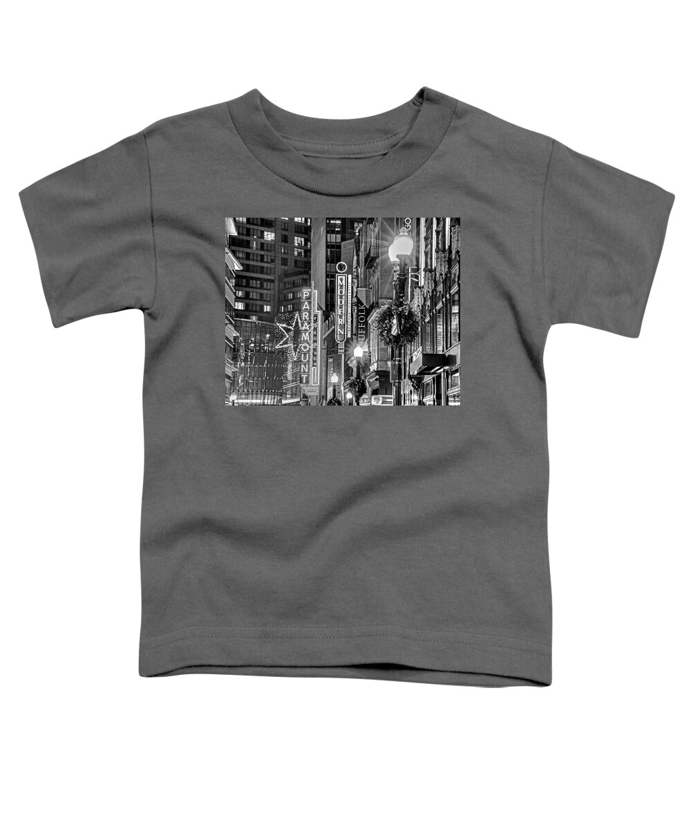 Boston Toddler T-Shirt featuring the photograph Christmas in Downtown Boston MA Paramounr Washington Street Black and White by Toby McGuire