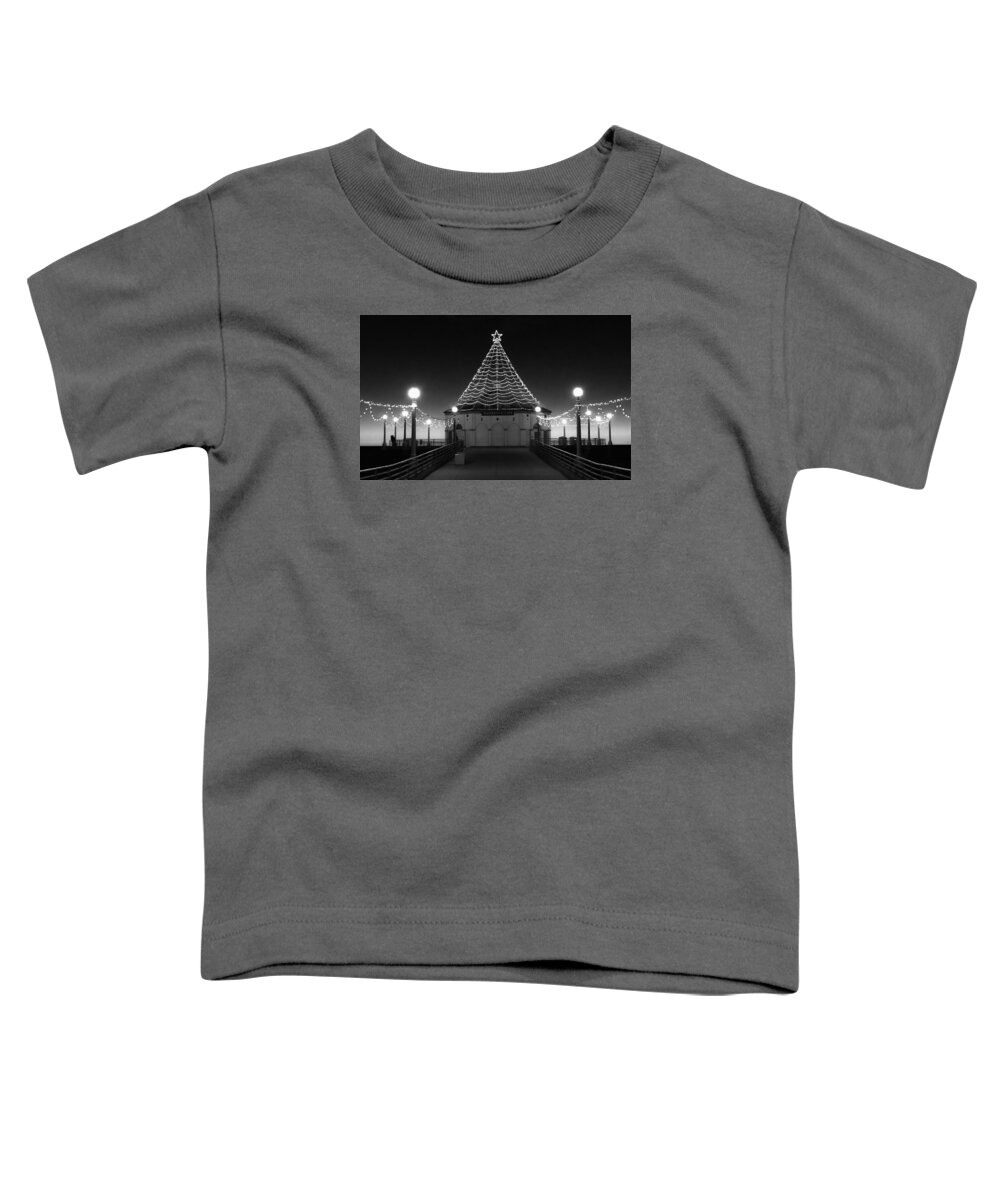 Manhattan Pier Toddler T-Shirt featuring the photograph Christmas Lights on Manhattan Pier B and W by Michael Hope