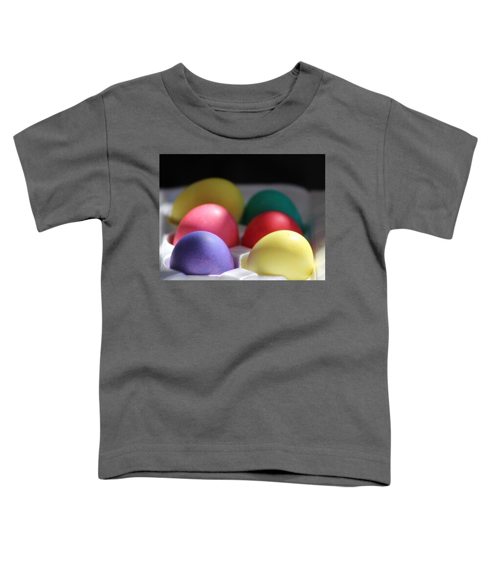 Dye Toddler T-Shirt featuring the photograph Citrus and Ultra Violet Easter Eggs by Colleen Cornelius