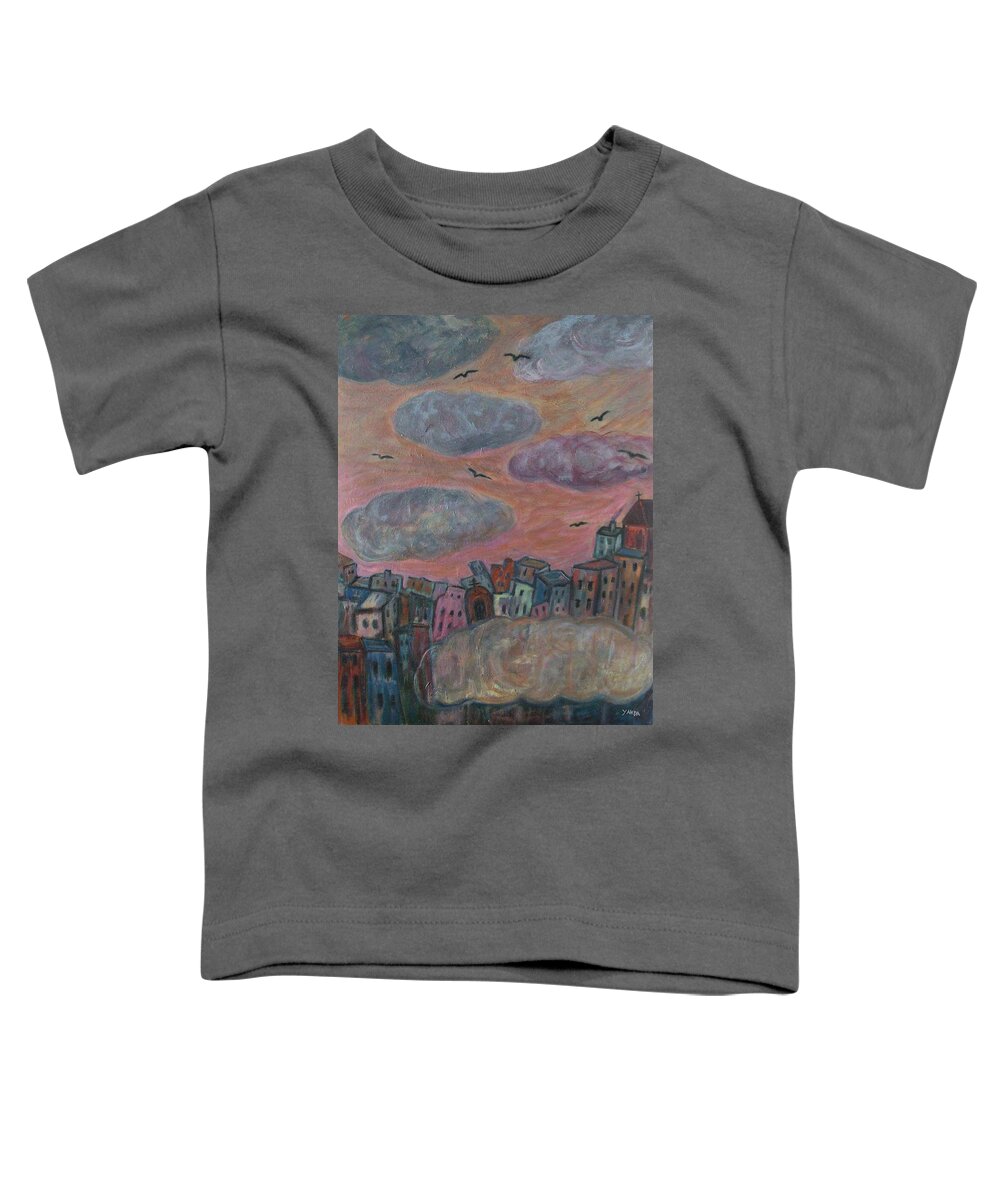 Katt Yanda Original Art Landscape Oil Painting Clouds City Cityscape Toddler T-Shirt featuring the painting City of Clouds by Katt Yanda