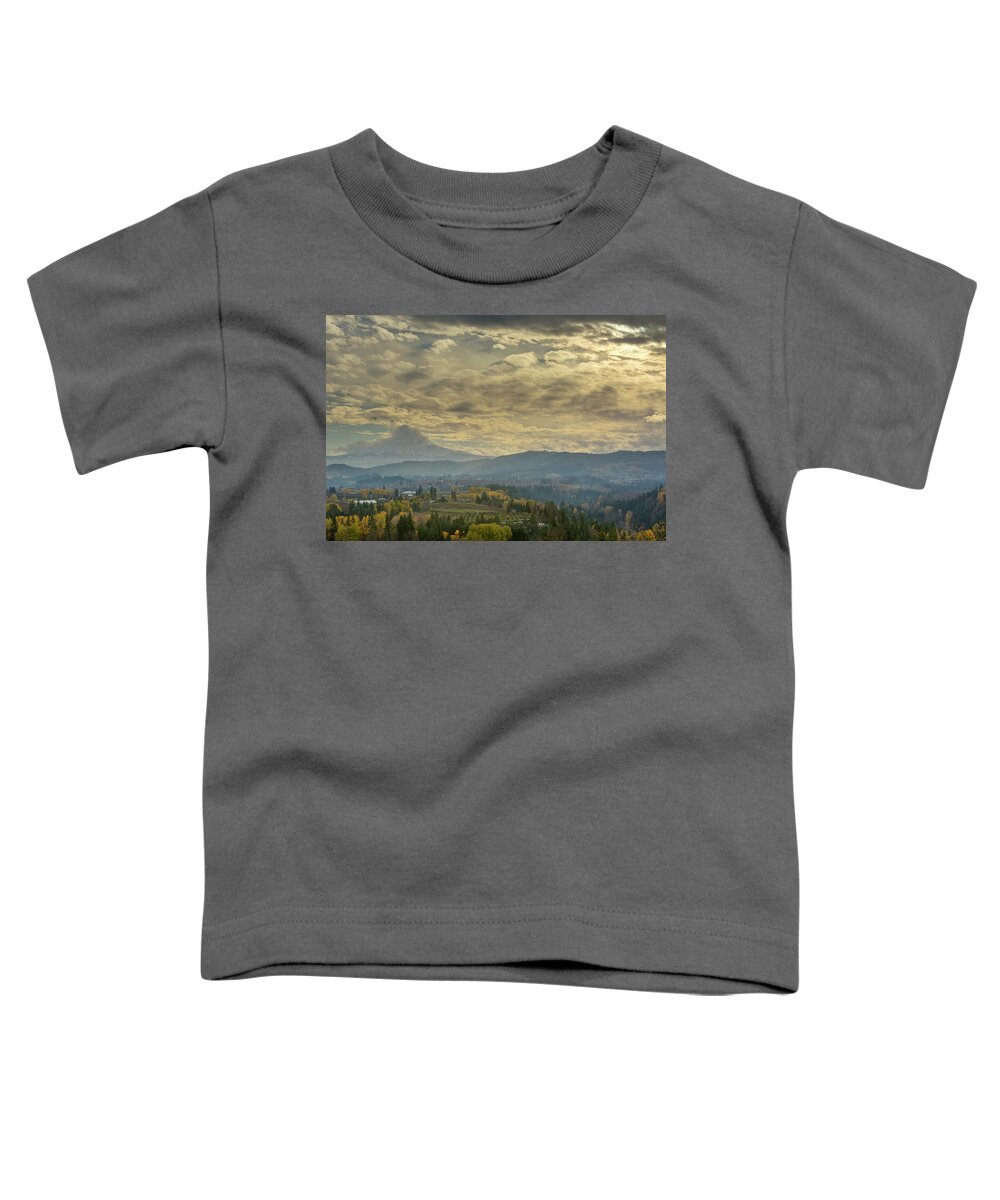 Hood River Toddler T-Shirt featuring the photograph Clouds and Sun Rays over Mount Hood and Hood River Oregon by David Gn