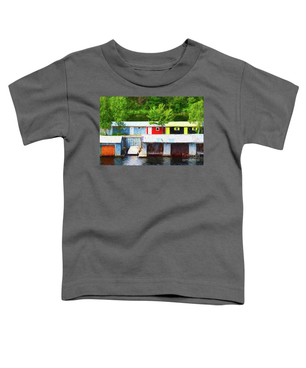 Row Toddler T-Shirt featuring the photograph Colorful Boathouses - painterly by Les Palenik