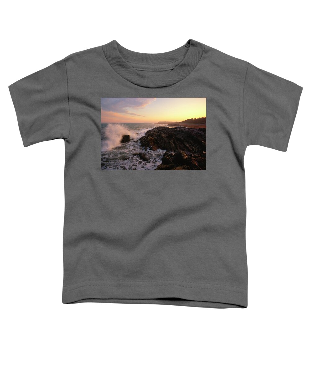 Misty Coastal Evening Toddler T-Shirt featuring the photograph Crashing Waves and Misty Coastal Evening by Irwin Barrett