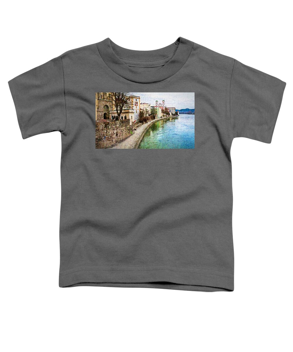 Danube River Toddler T-Shirt featuring the mixed media Danube River at Passau, Germany by Tatiana Travelways