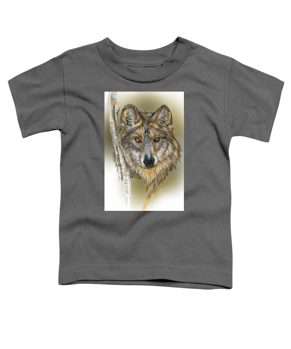 Wolf Toddler T-Shirt featuring the digital art Dark Wolf with Birch by Darren Cannell