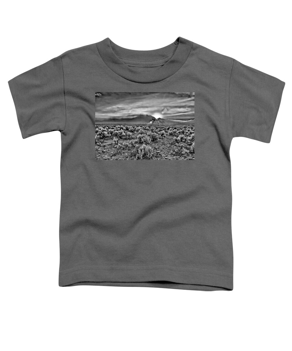  Dawn Toddler T-Shirt featuring the digital art Dawn over magic Taos in b-w by Charles Muhle