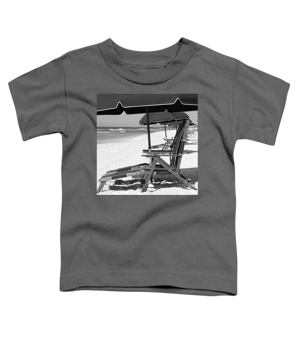 Destin Toddler T-Shirt featuring the photograph Destin Florida Beach Chairs and Umbrellas Square Format Black and White by Shawn O'Brien