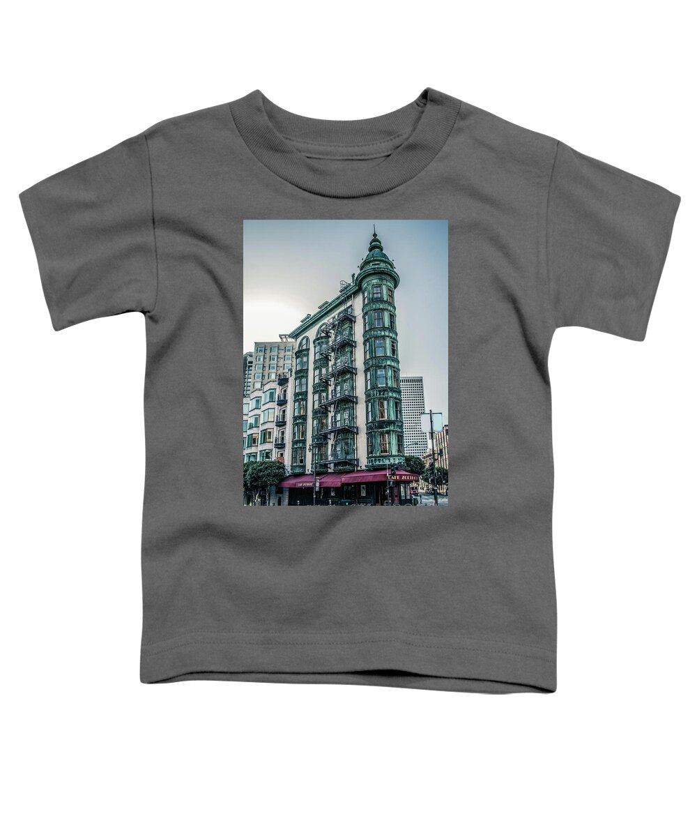 Buildings Toddler T-Shirt featuring the photograph Dez 2016. San Francisco, USA - Old copper-green Columbus tower o by Amanda Mohler