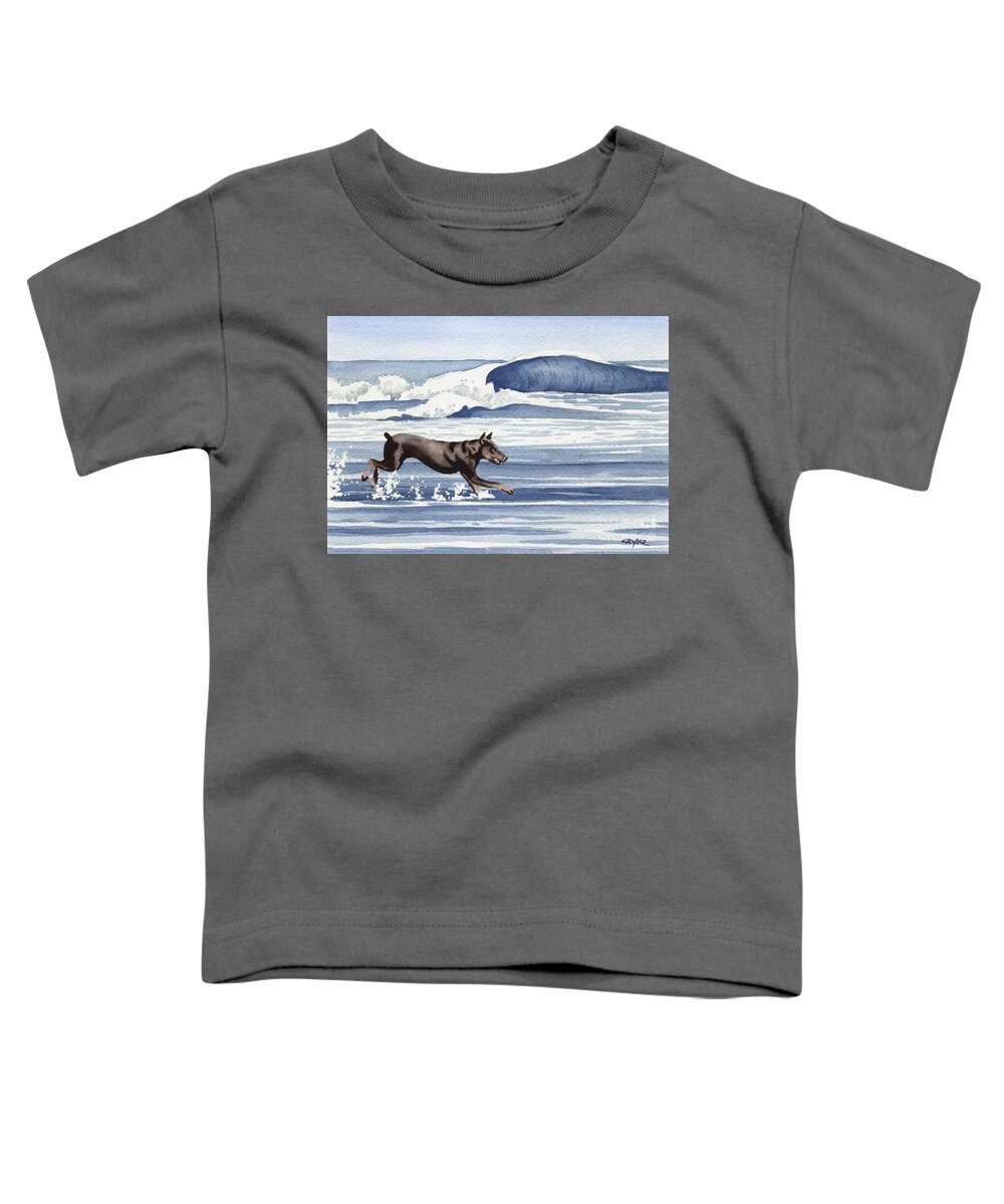 Doberman Toddler T-Shirt featuring the painting Doberman at the Beach by David Rogers