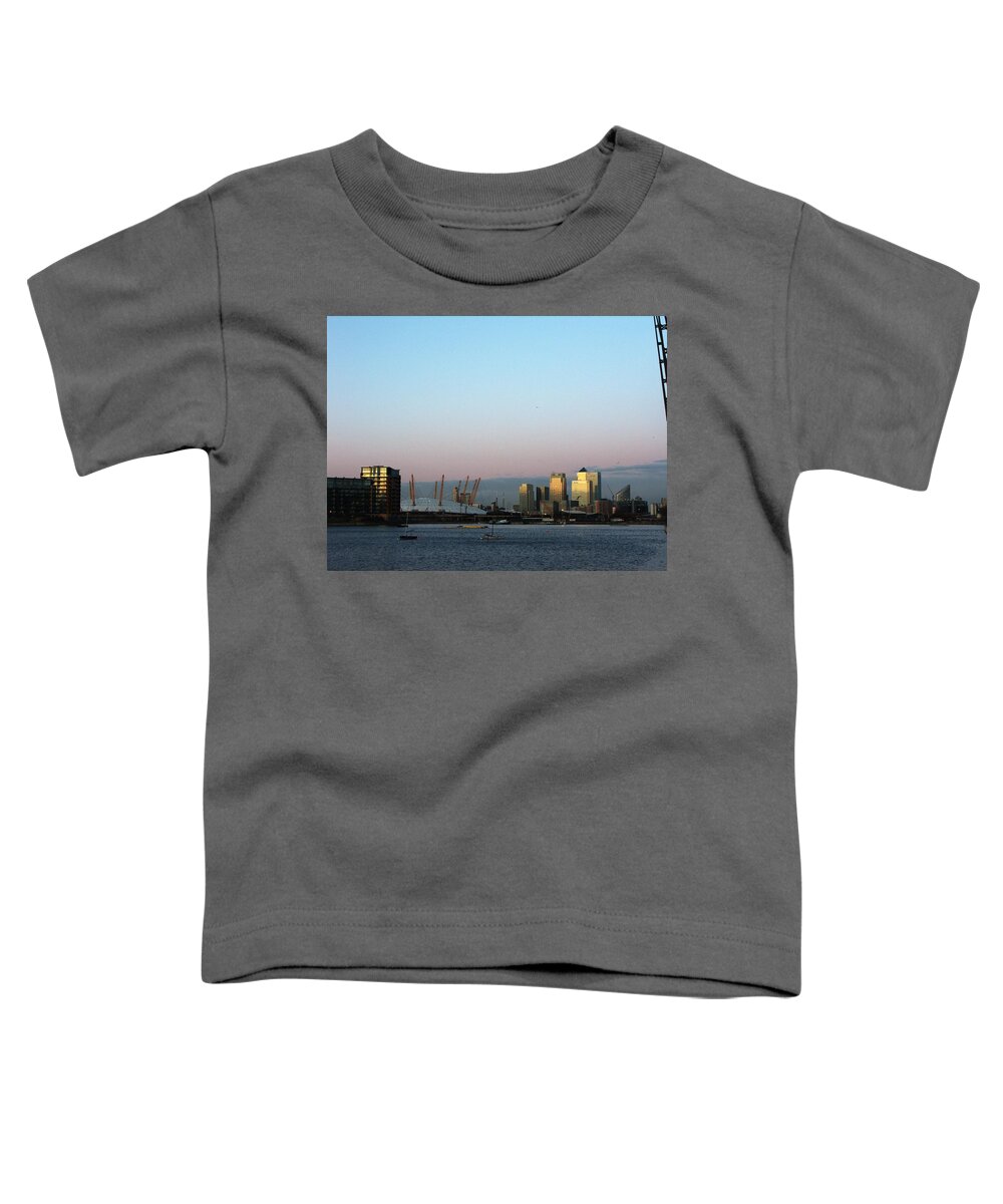 London Docklands O2 Thames River Sunset Dusk Gloaming Water Skyscrapers Canary Wharf Toddler T-Shirt featuring the photograph Docklands by Ian Sanders