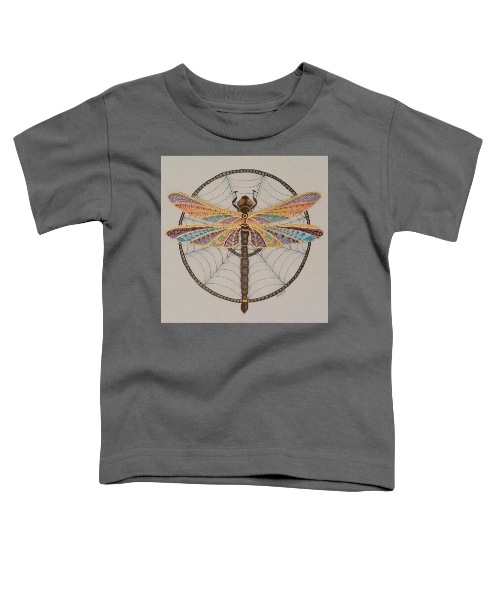 Dragonfly Toddler T-Shirt featuring the drawing Dragonfly Dreamcatcher by Linda Clary