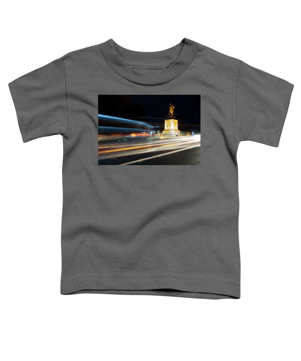 Helen Northcott Toddler T-Shirt featuring the photograph Drakes Statue Traffic Trails by Helen Jackson