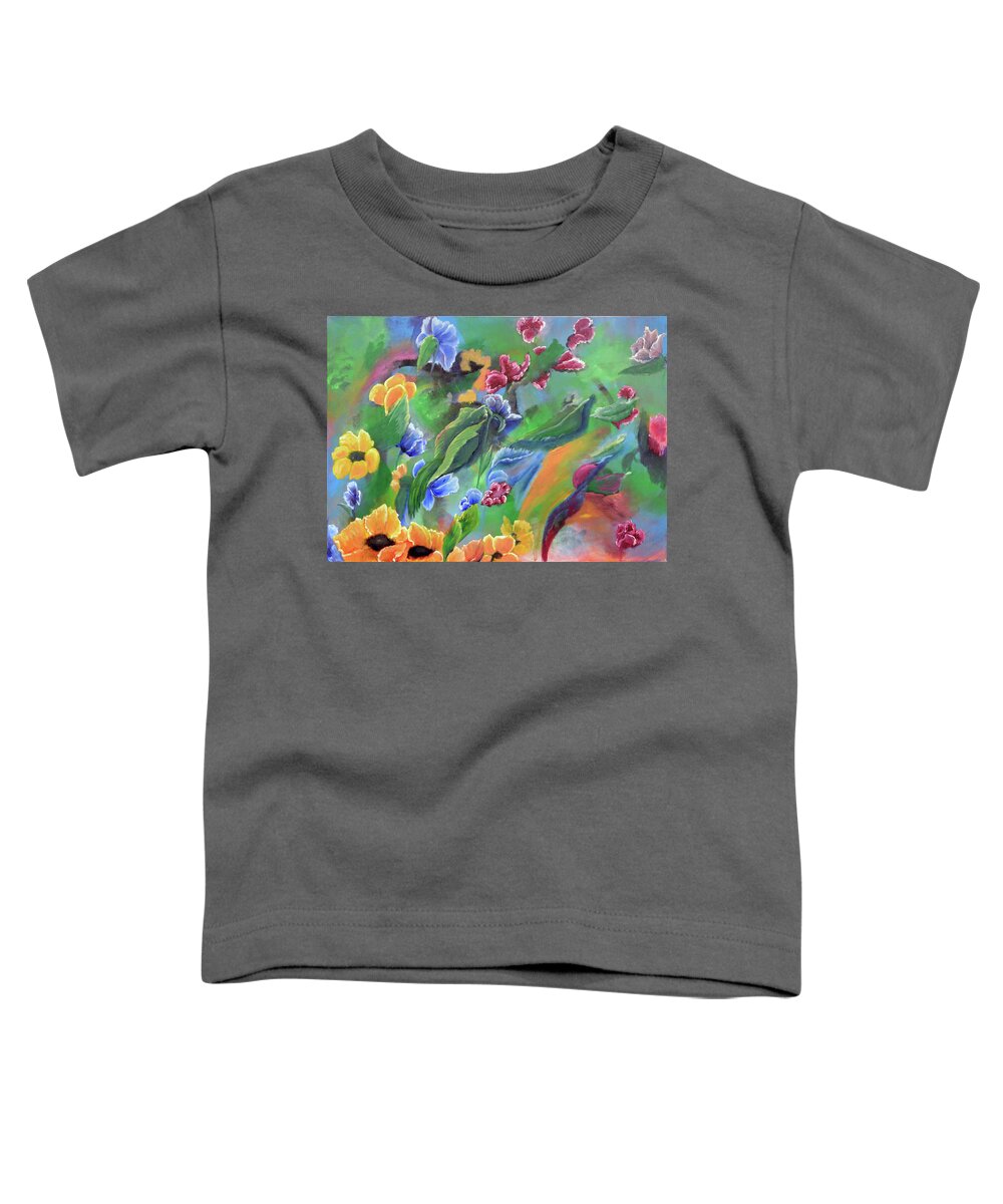 Acrylic Oil Mixed Media Art Canvas Abstract Flowers Colorful Beautiful Wall Decor Toddler T-Shirt featuring the painting Dream Field by Medea Ioseliani