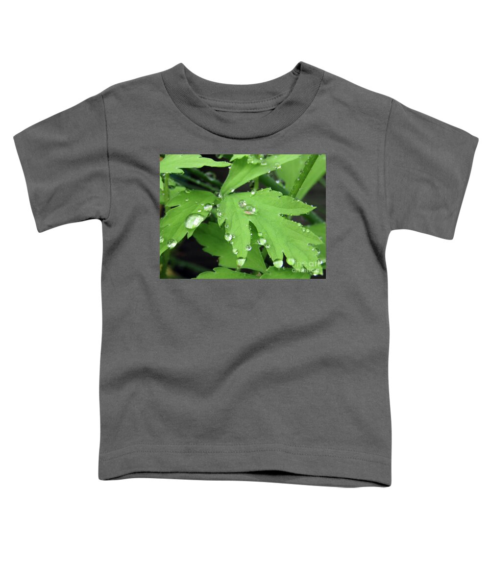 Poppy Toddler T-Shirt featuring the photograph Drops on Poppy Leaves by Kim Tran