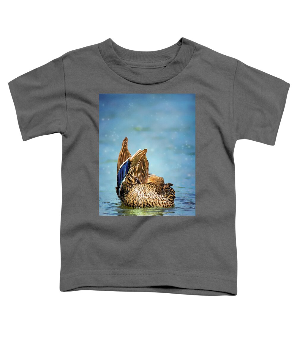 Bird Toddler T-Shirt featuring the photograph Ducky Grooming On Blue by Bill and Linda Tiepelman