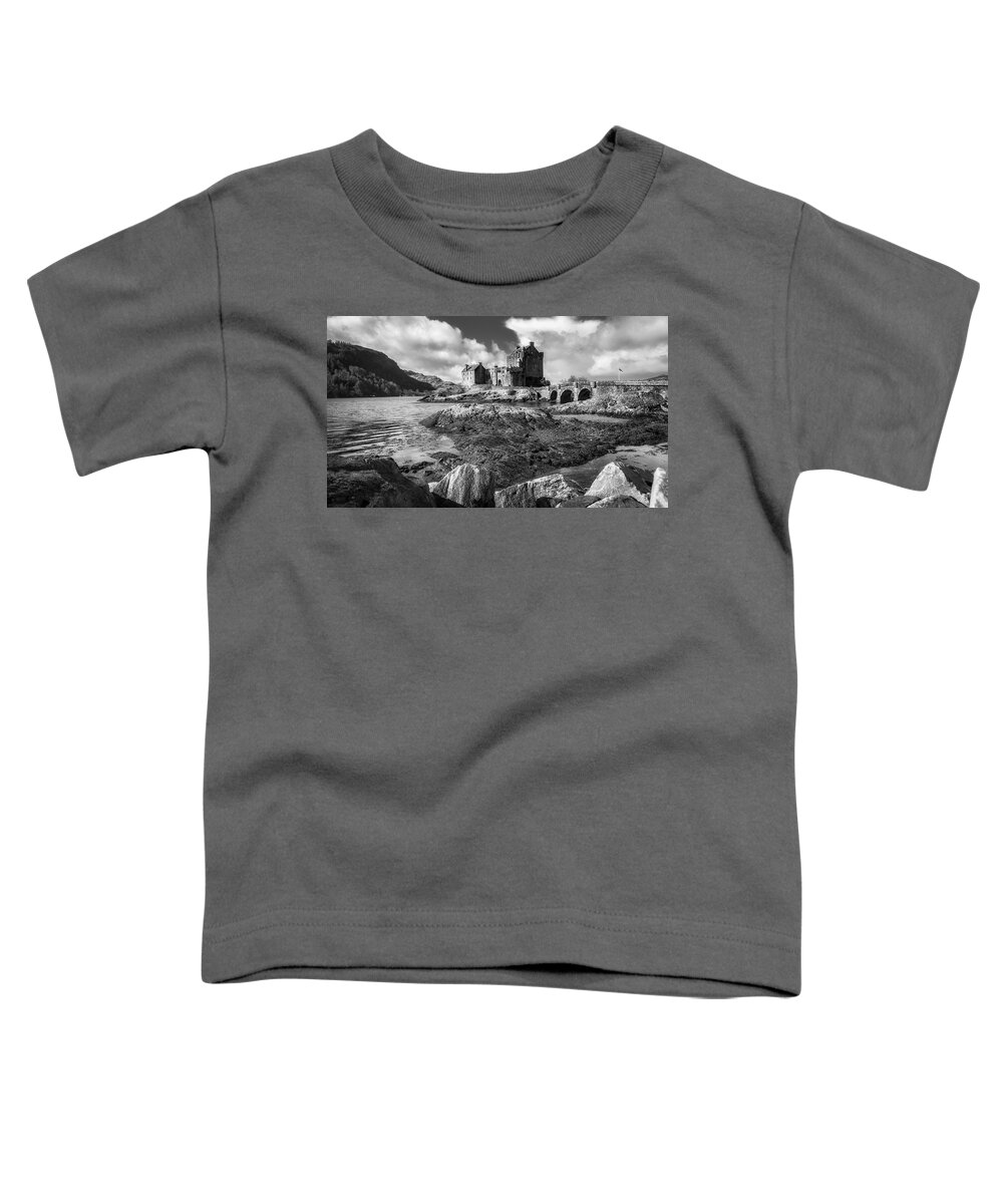 Eilean Donan Toddler T-Shirt featuring the photograph Eilean Donan Castle in black and white by Holly Ross