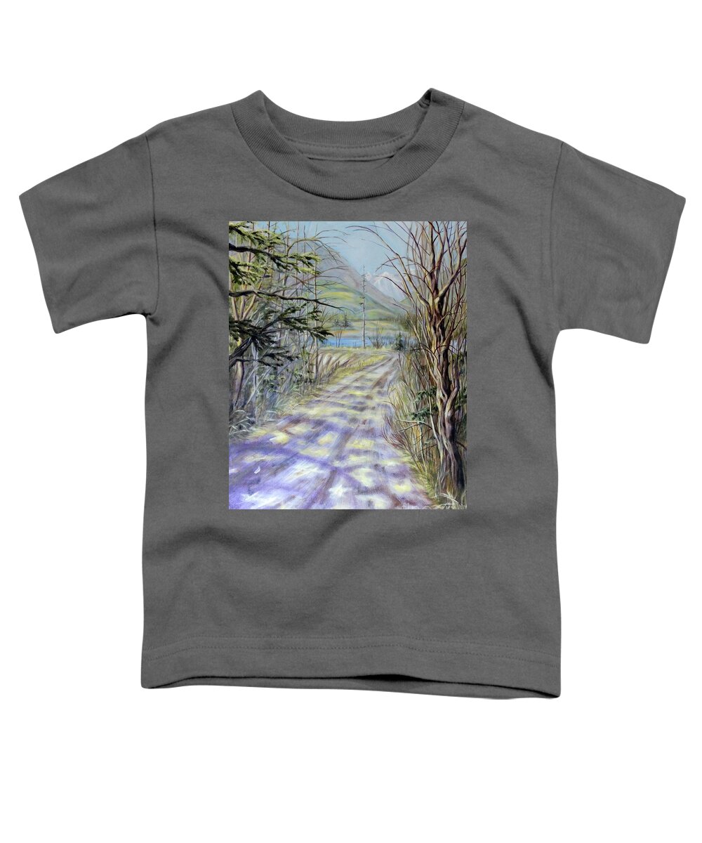 Estuary Sky Water Trees Bushes Branches Evergreens Mountains Road Path Landscape River Grasses Yellow Brown Green Blue White Purple Orange Sunlight Shade Shadows Toddler T-Shirt featuring the painting End Of Winter by Ida Eriksen