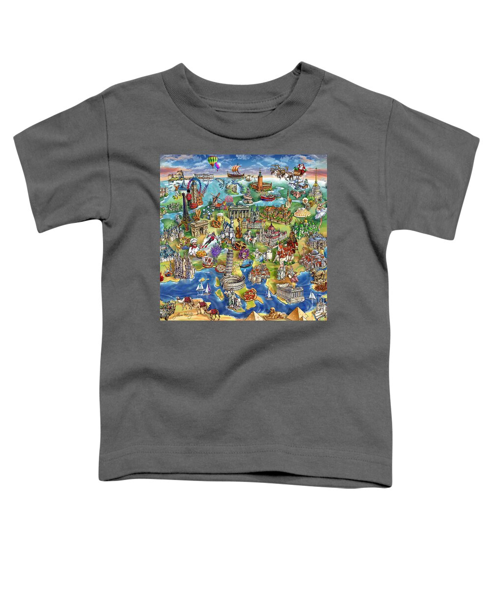 Europe Toddler T-Shirt featuring the painting European World Wonders Illustrated Map by Maria Rabinky