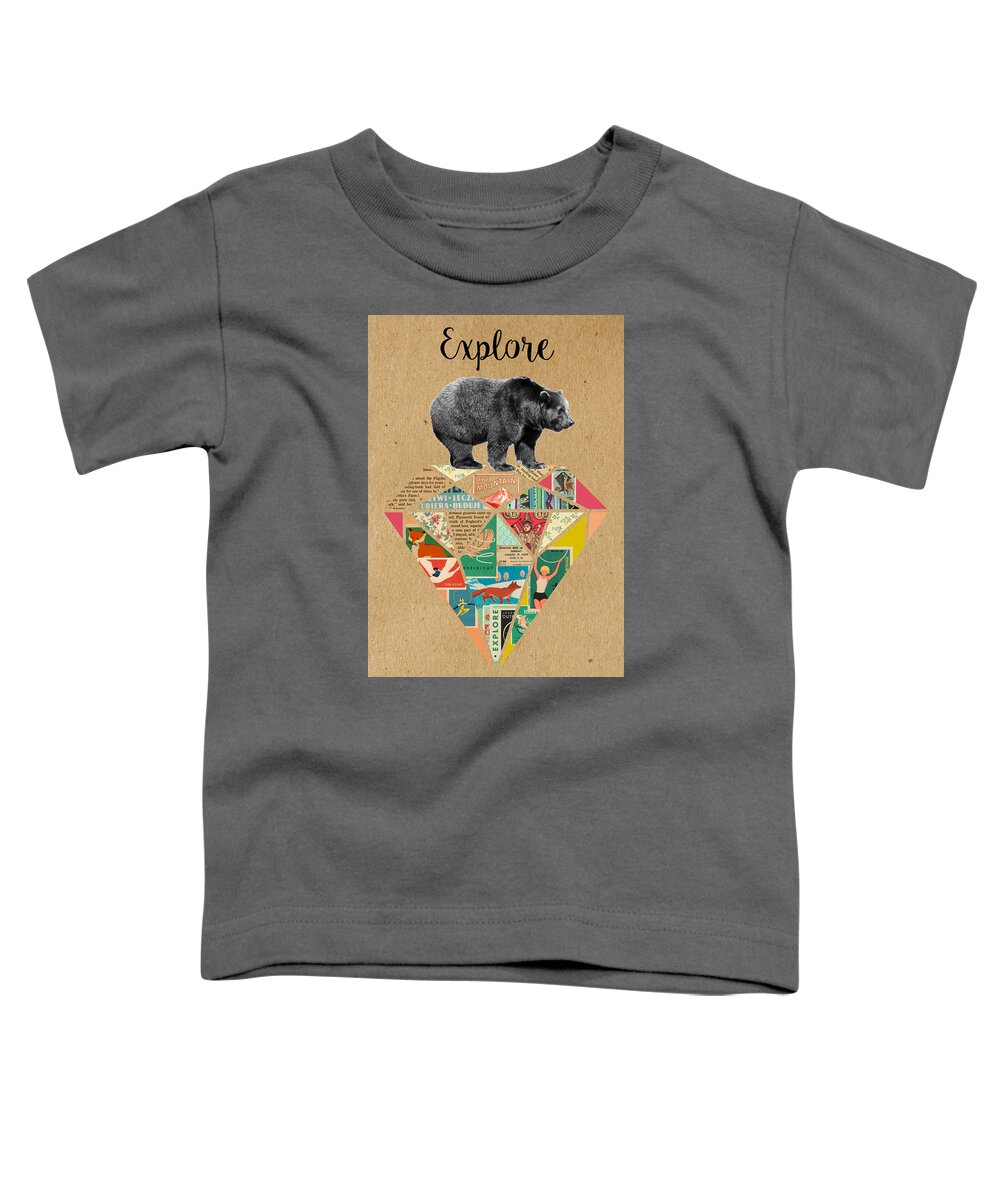 Explore Toddler T-Shirt featuring the mixed media Explore Bear by Claudia Schoen