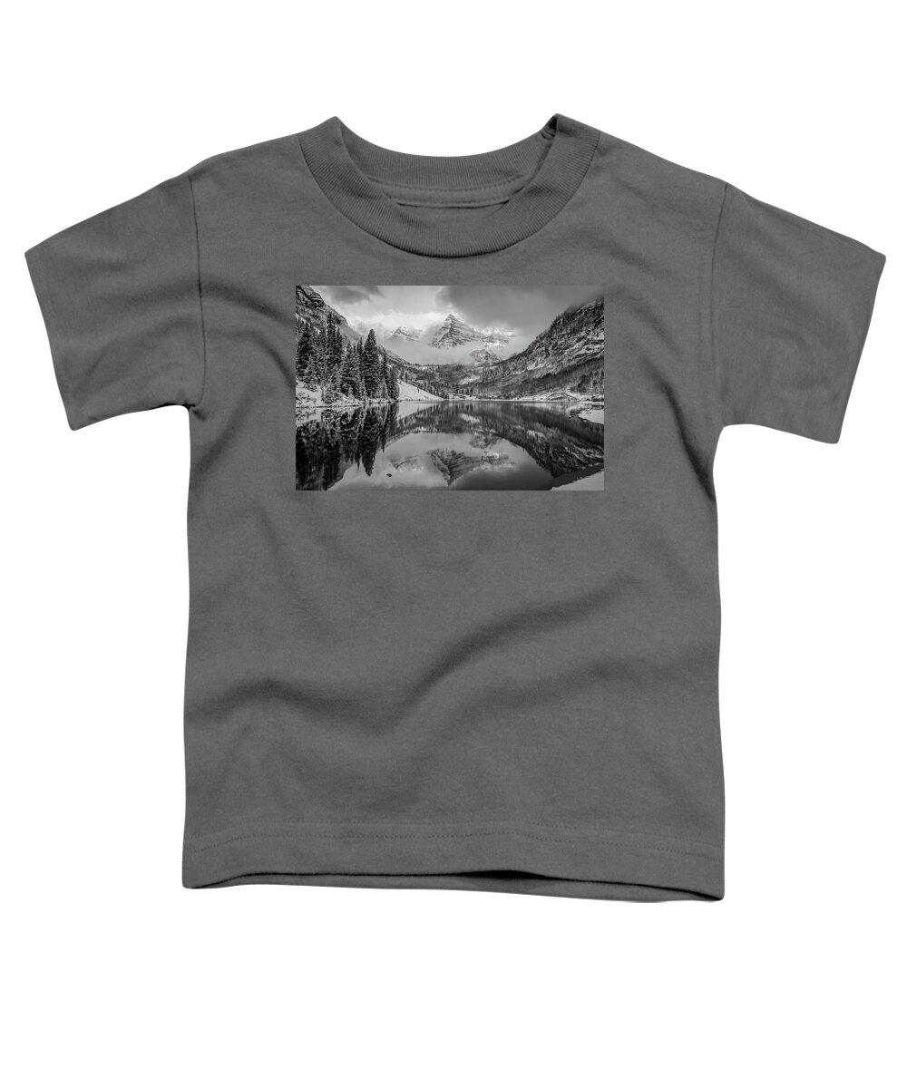 Aspen Colorado Print Toddler T-Shirt featuring the photograph Falling Skies - Maroon Bells in Black and White - Aspen Colorado by Gregory Ballos
