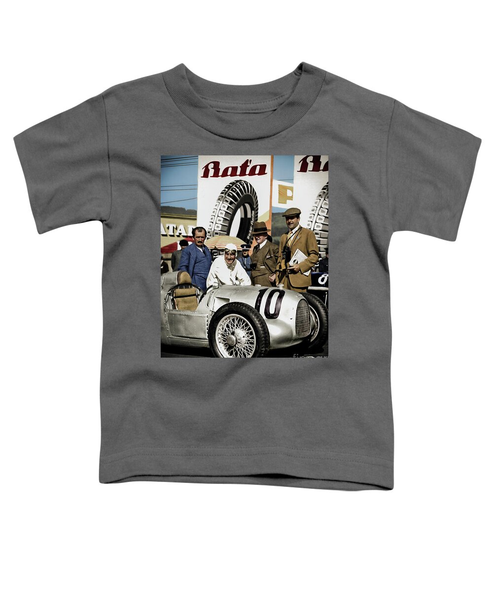 Porshe Toddler T-Shirt featuring the photograph Ferdinand Porshe and Hans Stuck and the Auto-Union Type A by Franchi Torres
