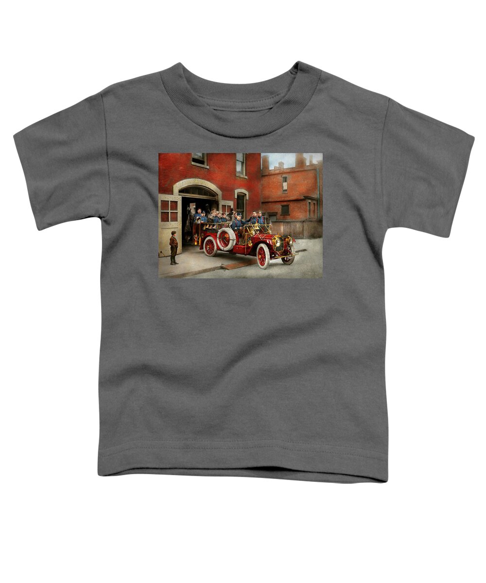Firefighter Art Toddler T-Shirt featuring the photograph Fire Truck - The flying squadron 1911 by Mike Savad