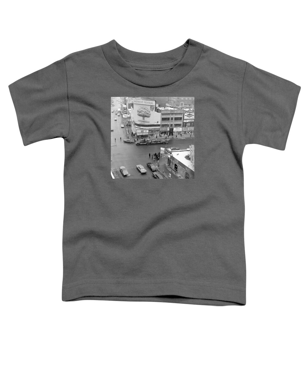 Downtown Minneapolis Toddler T-Shirt featuring the photograph Firetruck heads down Hennepin by Mike Evangelist