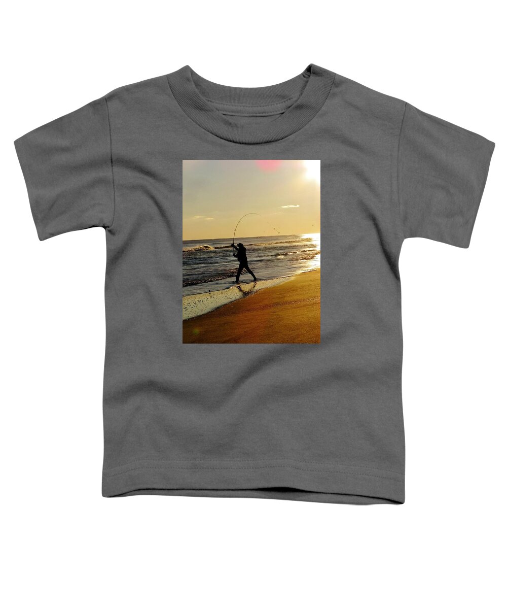 Sun Toddler T-Shirt featuring the photograph Fishing At Sunset by Laura Henry