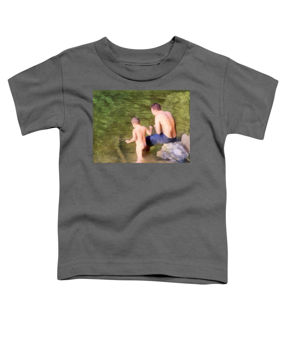 Fish Fishing Swim Swimming Wade Wading Teach Learn Lesson Father Son Parent Child Together Sharing Toddler T-Shirt featuring the digital art Fishing Lesson by Frances Miller