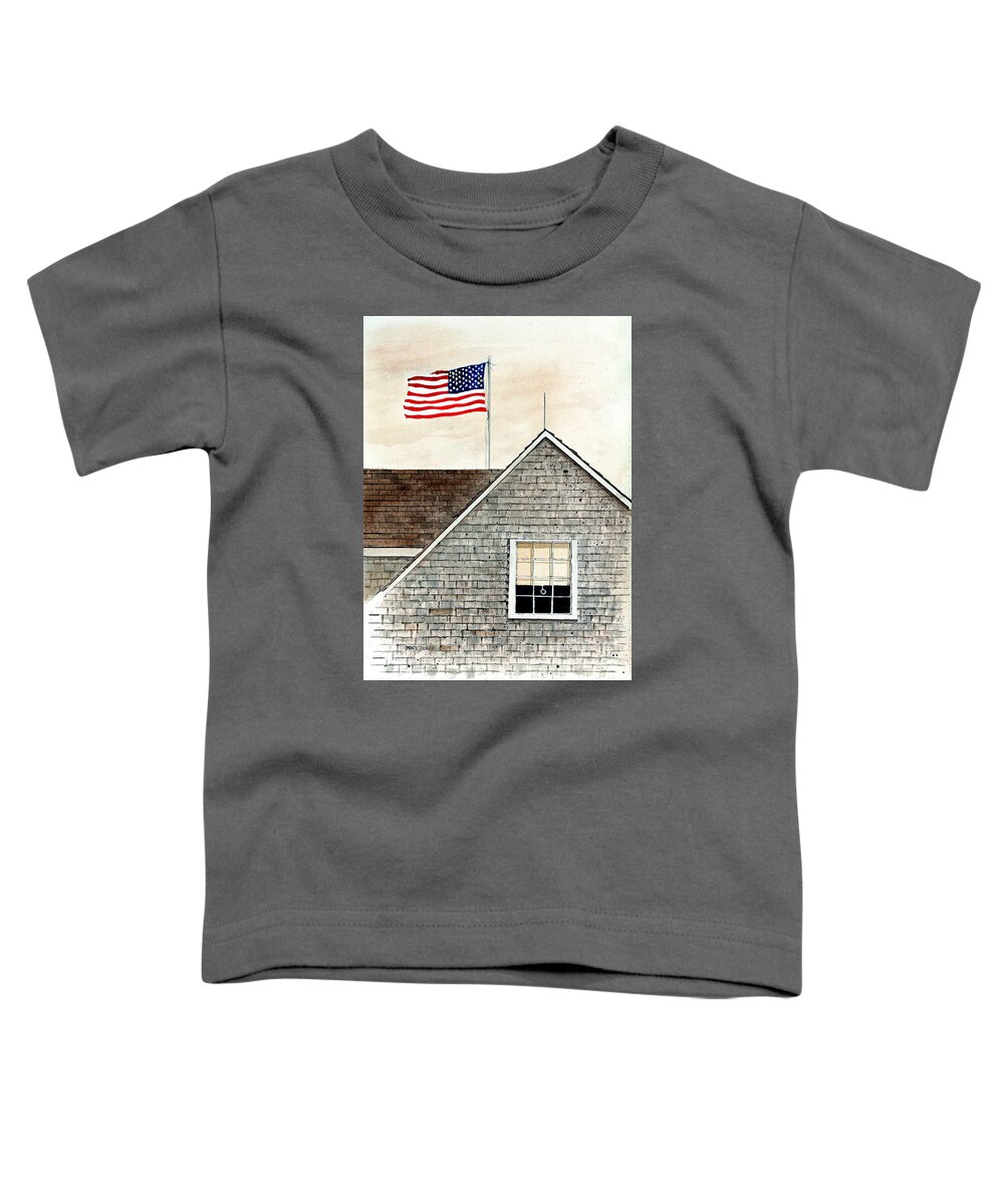 An American Flag Flies Above A Clapboard Sided Home In New England. Toddler T-Shirt featuring the painting Flag Day by Monte Toon