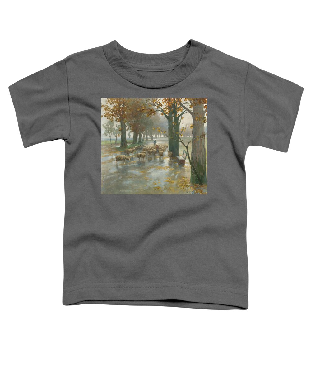 Adolf Kaufmann Toddler T-Shirt featuring the painting Flock of Sheep with Shepherdess on a Rainy Day by Adolf Kaufmann