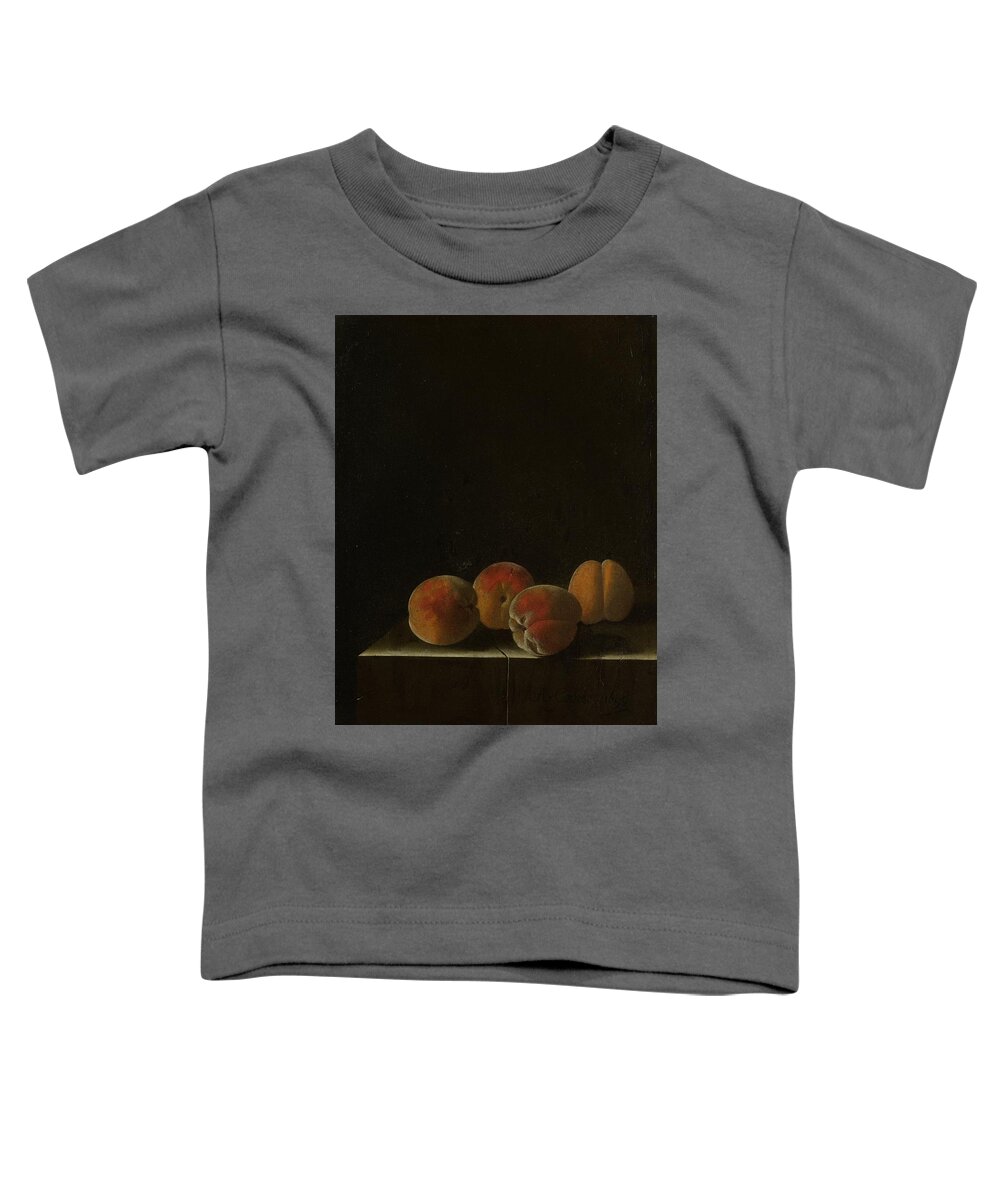 Four Apricots Toddler T-Shirt featuring the painting Four Apricots on a Stone Plinth by Vincent Monozlay