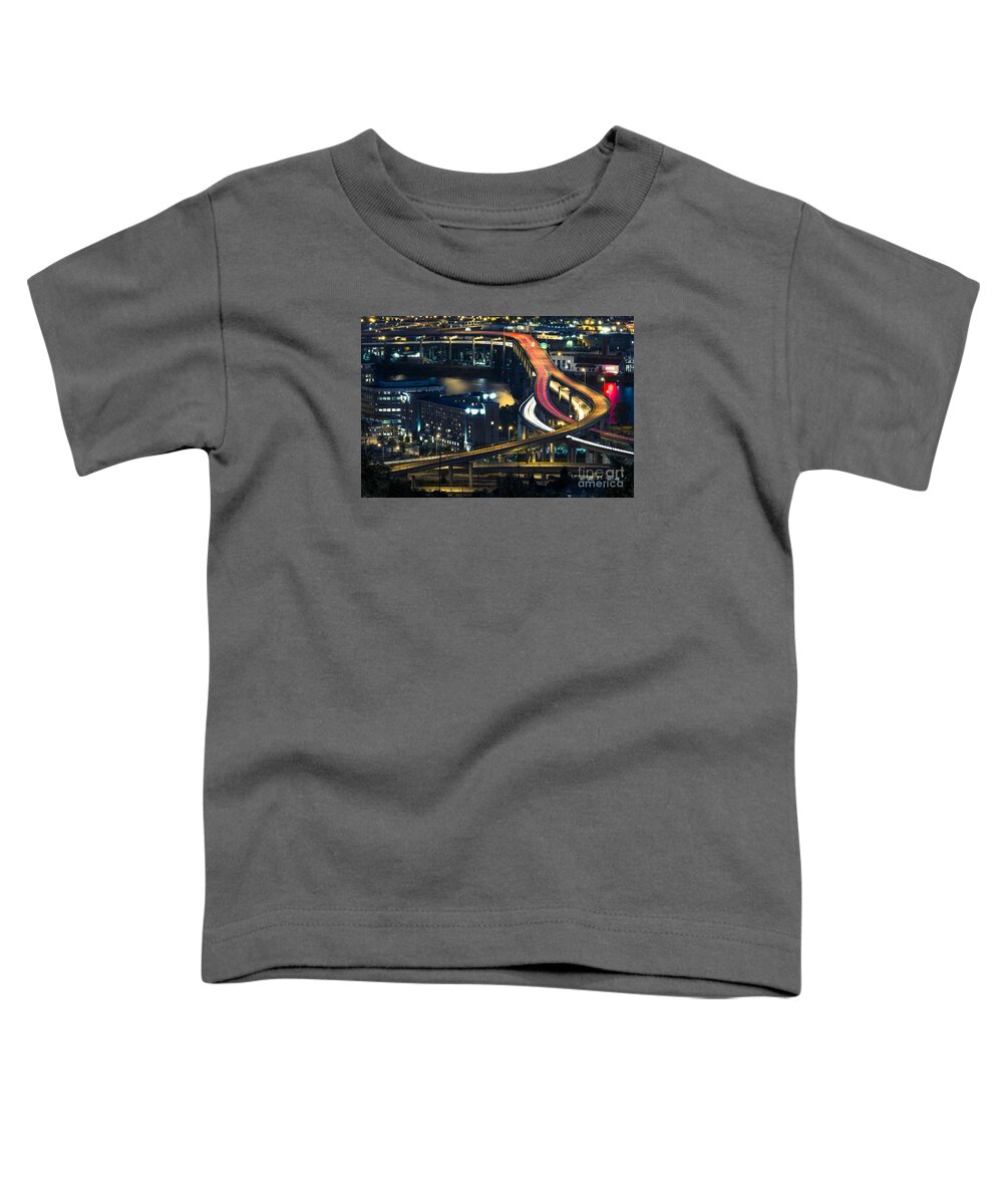 Scenics Toddler T-Shirt featuring the photograph Freeway Winds Through Portland, Oregon at Night by Bryan Mullennix