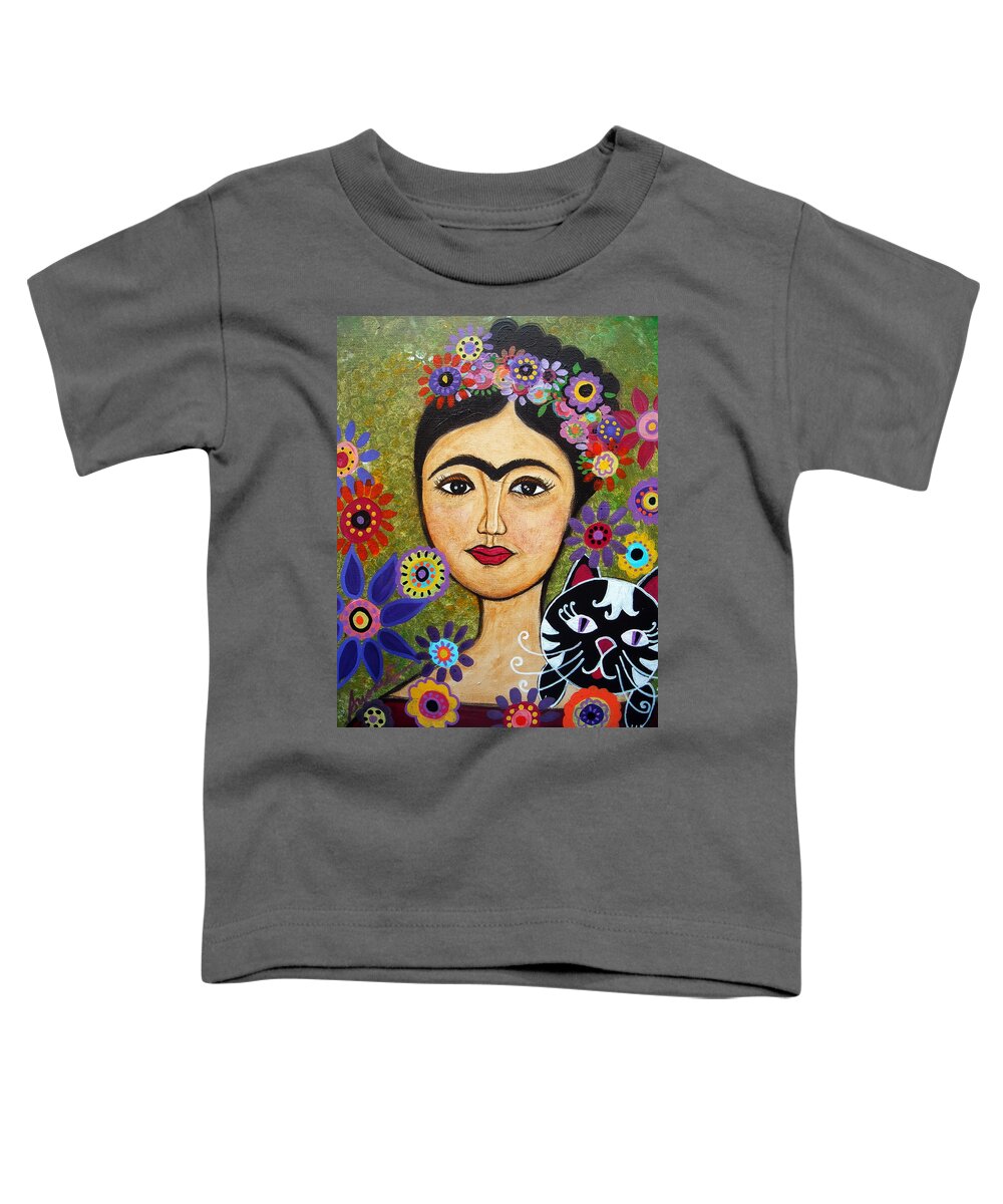 Frida Toddler T-Shirt featuring the painting Frida Kahlo And Cat by Pristine Cartera Turkus