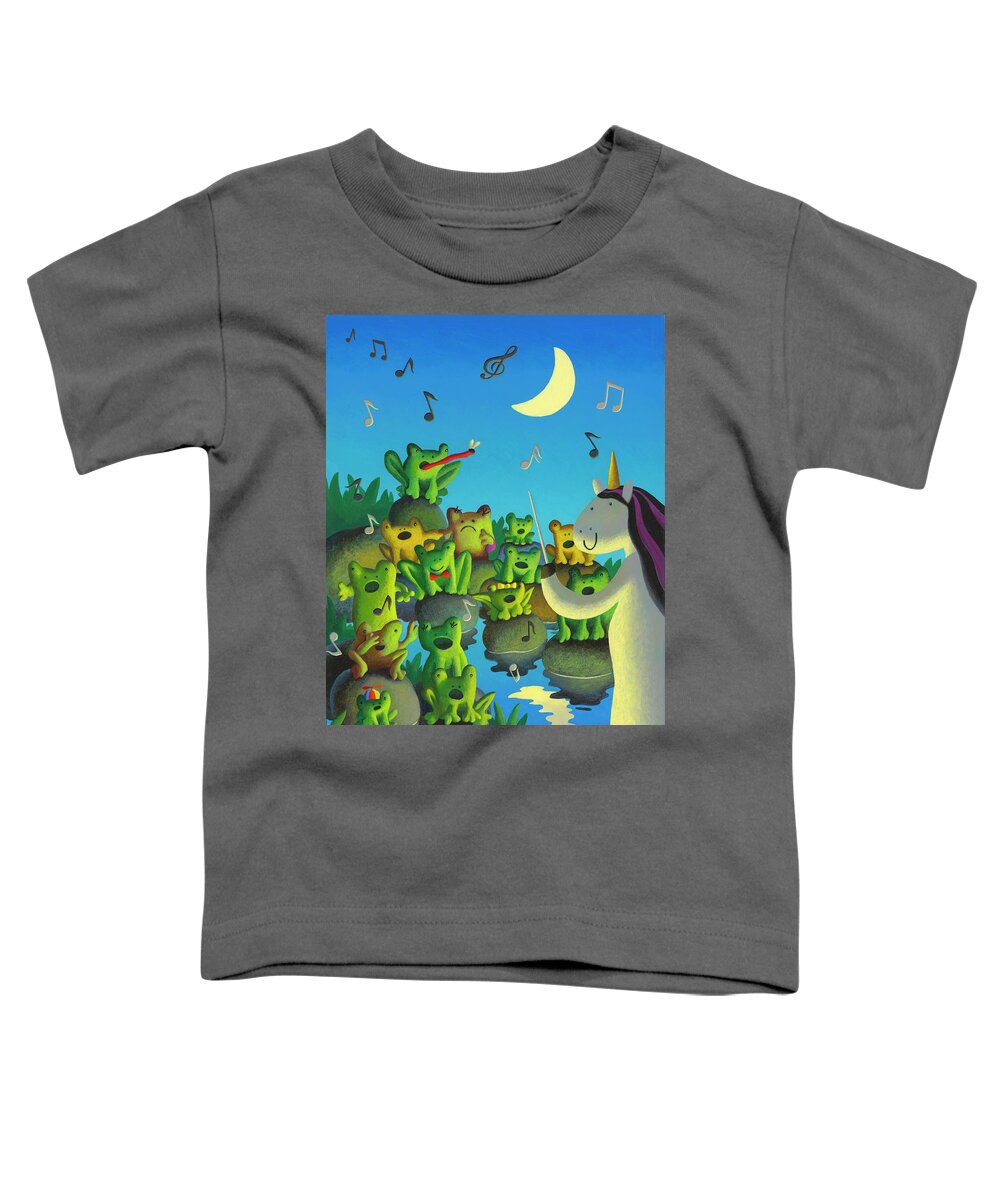 Chris Miles Frogs Unicorn Singing Choir Music Moonlight Swamp Toddler T-Shirt featuring the painting Frog Choir by Chris Miles
