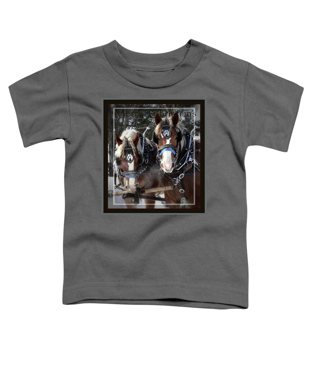 Belgian Draft Horses Toddler T-Shirt featuring the photograph Frosty Belgians - Merry Christmas by Sandra Huston