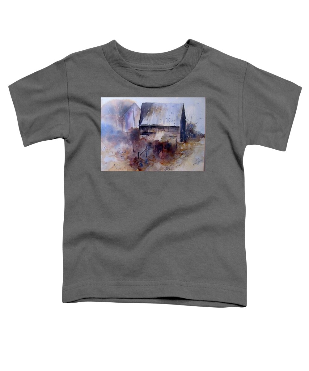 Barns Toddler T-Shirt featuring the painting Frozen Barn by Carole Johnson