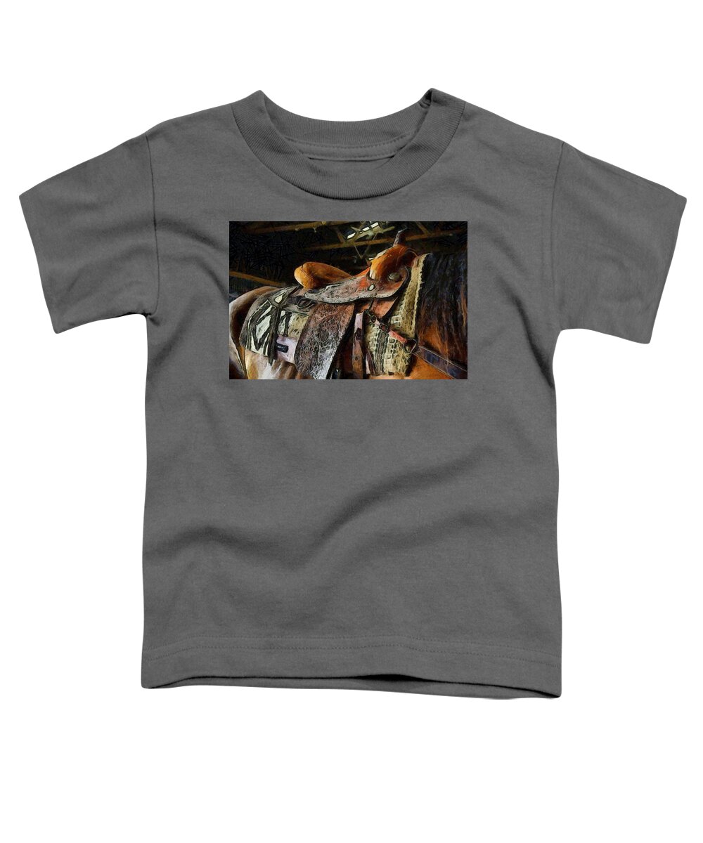 Funky Western Saddle Brown Horse Toddler T-Shirt featuring the photograph Funky Western Saddle Brown Horse by Studio Artist