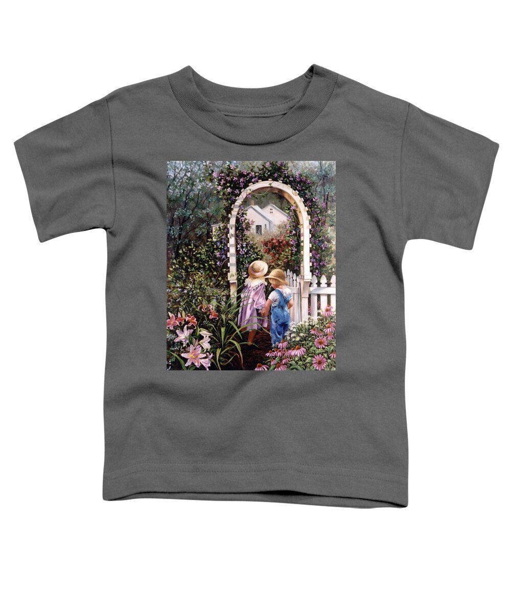 In The Garden Toddler T-Shirt featuring the painting Garden Gate by Marie Witte