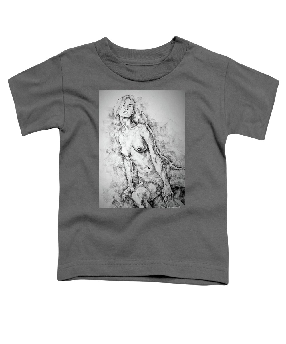 Drawing Toddler T-Shirt featuring the drawing Girl sitting on chair Pose Drawing by Dimitar Hristov