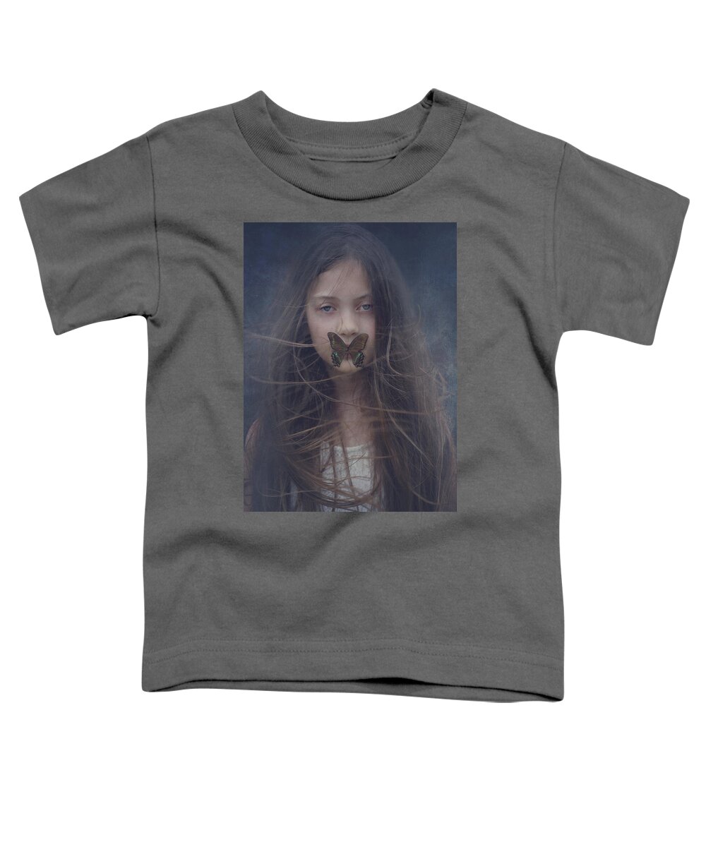 Butterfly Toddler T-Shirt featuring the photograph Girl With Butterfly Over Lips by Stephanie Frey