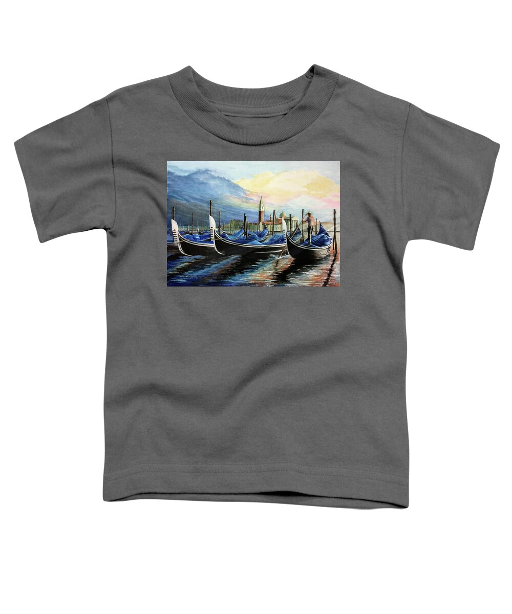 Art Toddler T-Shirt featuring the painting Gondolas at Dawn by Carolyn Coffey Wallace
