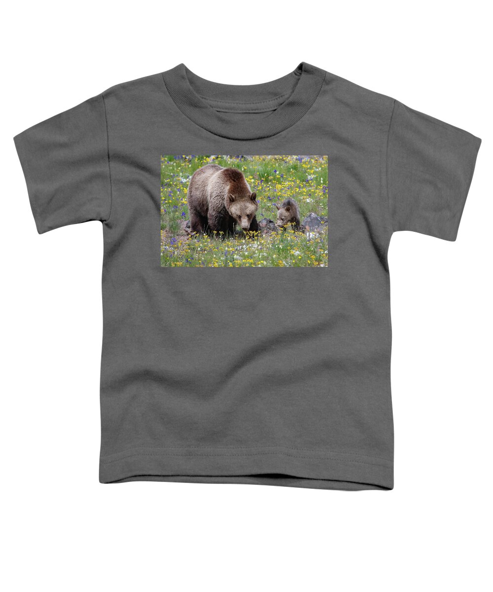 Mark Miller Photos Toddler T-Shirt featuring the photograph Grizzly Sow and Cub in Summer Flowers by Mark Miller