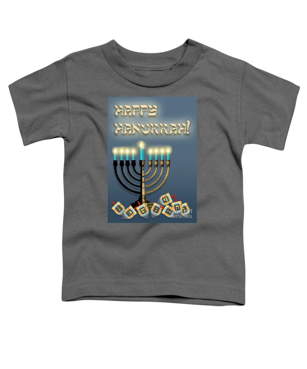 Hanukkah Toddler T-Shirt featuring the digital art Hanukkah Menorah and Dreidels by Melissa A Benson