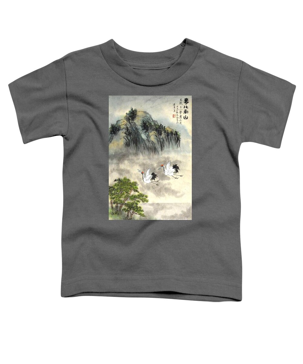 Cranes Toddler T-Shirt featuring the painting Happy birthday by Betty M M Wong