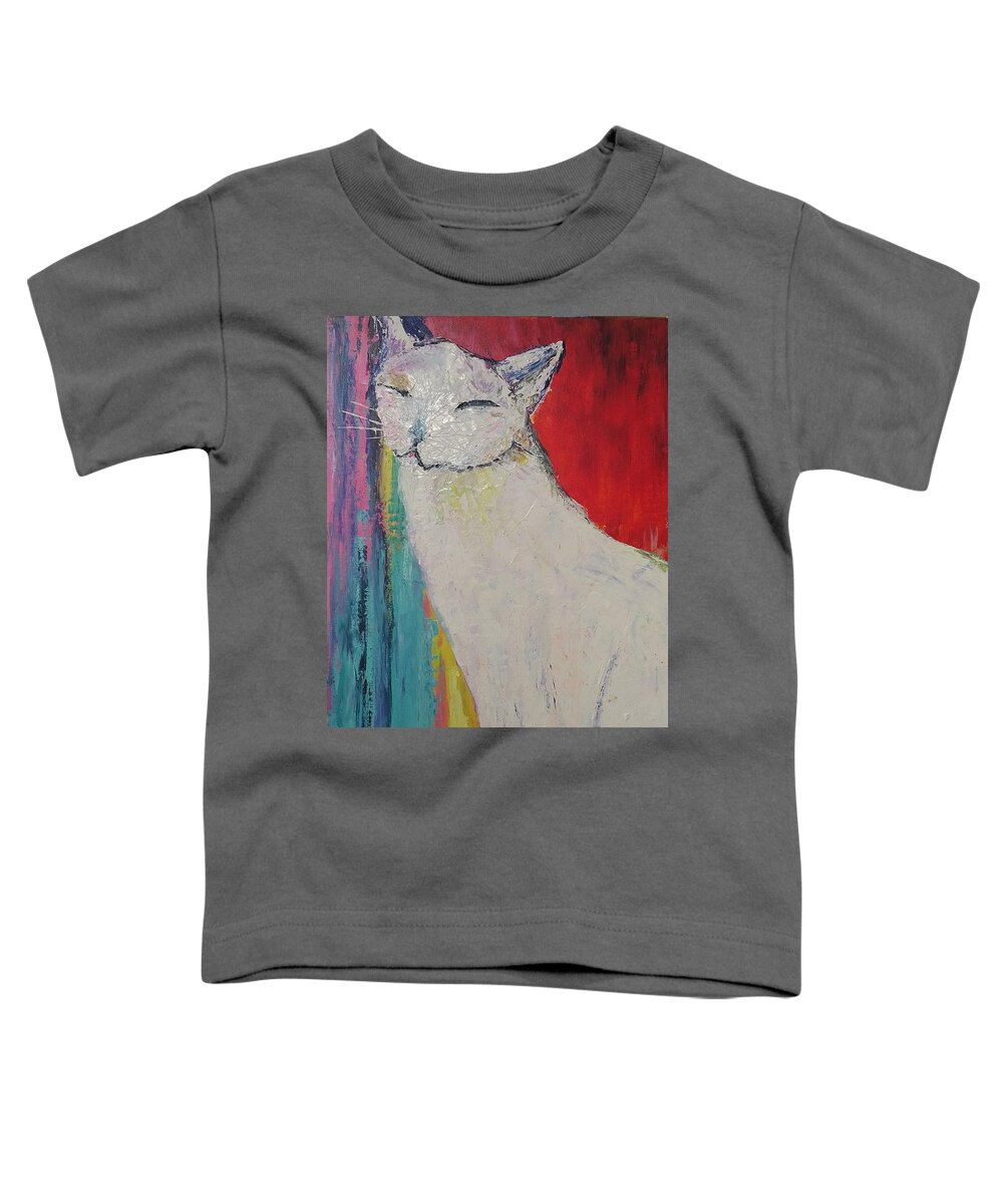 White Cat Toddler T-Shirt featuring the painting Happy Cat by Lynne McQueen